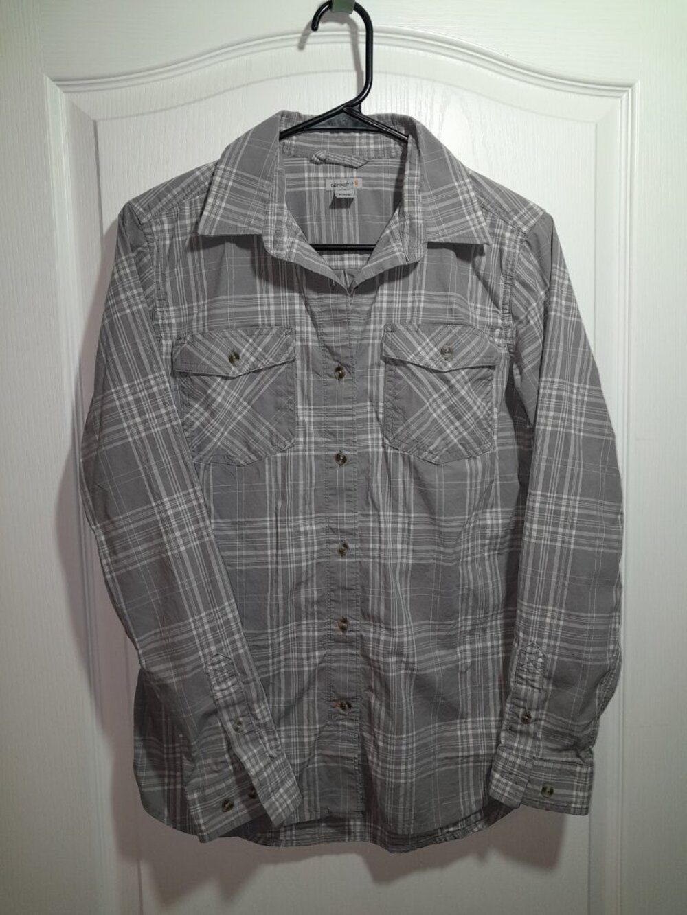 Carhartt Gray White Plaid Long Sleeve/ Roll Up Collard Button Down Cotton Shirt!